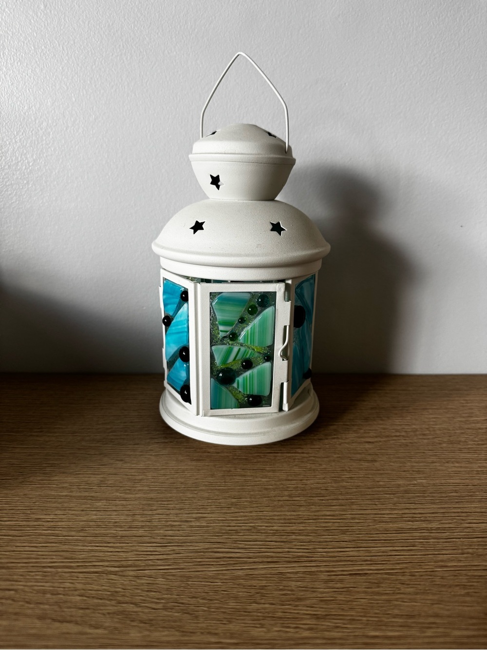 IKEA White Lantern with Blue and Green Fused Glass Panels